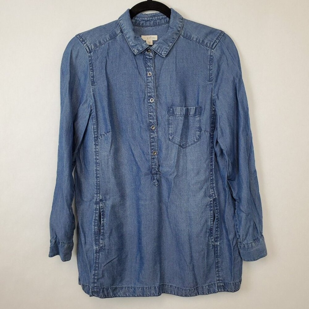 J. Jill Top Womens Small Petite Denim Chambray Long Sleeve Roll Tab Pocket Tunic